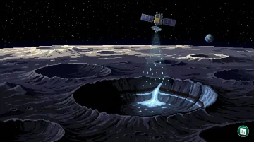 An illustration of the Chandrayaan-2 spacecraft scanning shadowed lunar craters for subsurface water ice.