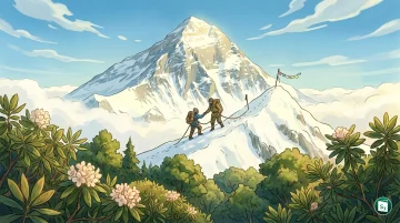 A majestic view of Mount Everest's peak under a clear sky, symbolizing human achievement and nature's grandeur