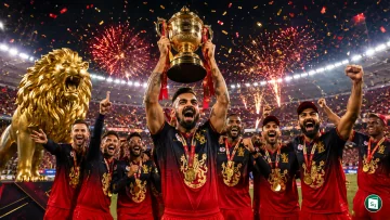 RCB team celebrating with the IPL 2026 trophy