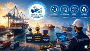 Illustration of Indian maritime ports and cargo ships with digital icons representing shipping modules
