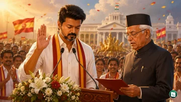 C Joseph Vijay taking the oath of office as Chief Minister of Tamil Nadu