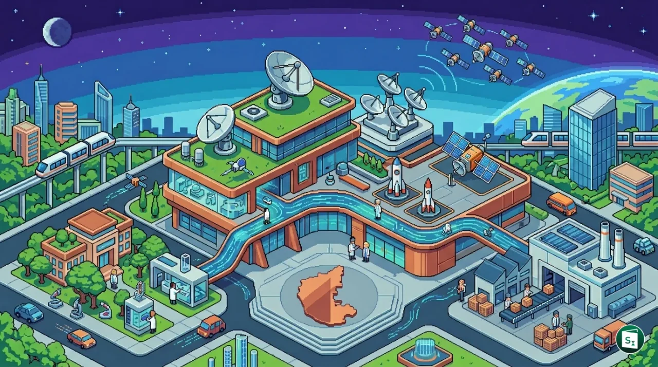 Digital representation of satellite technology and space research hub
