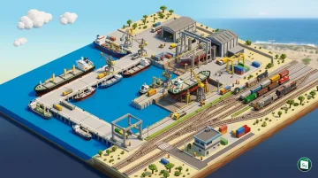Aerial view of a modern shipyard and railway tracks representing infrastructure development