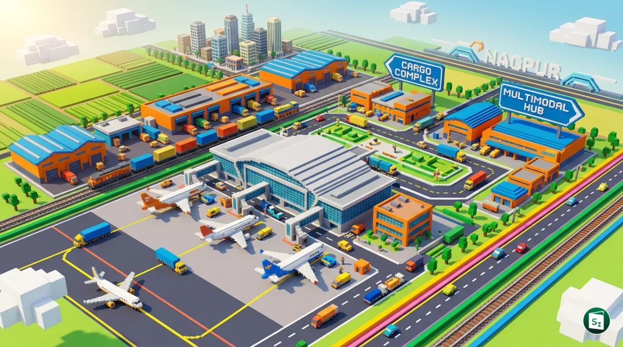 An aerial view representation of a modern airport terminal and cargo hub