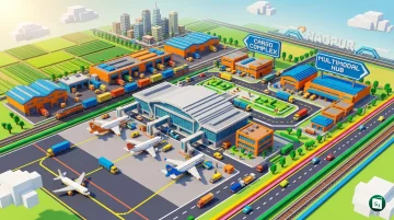 An aerial view representation of a modern airport terminal and cargo hub