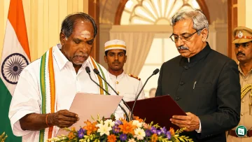 N Rangasamy taking the oath of office as the Chief Minister of Puducherry