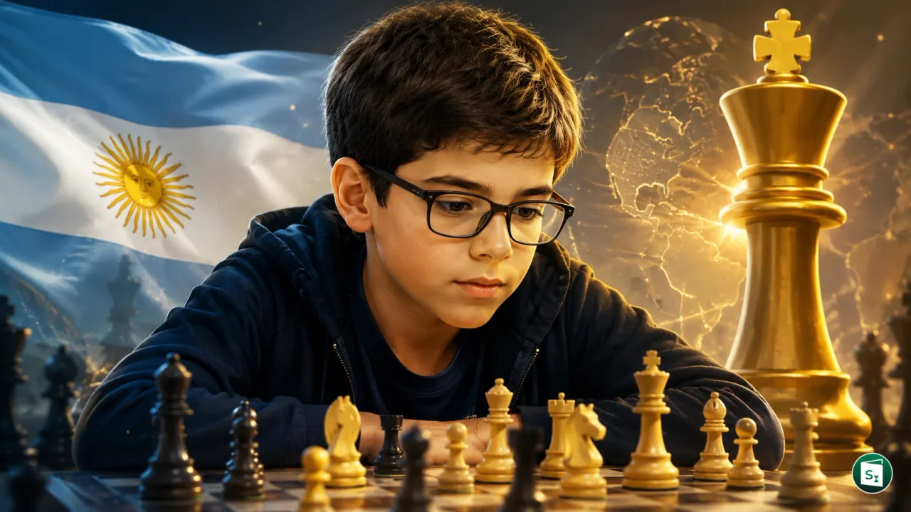 Argentine chess prodigy Faustino Oro at a chessboard
