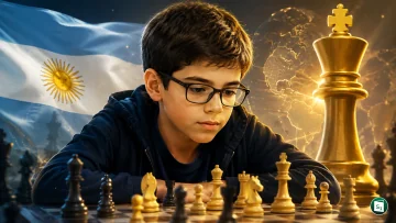 Argentine chess prodigy Faustino Oro at a chessboard