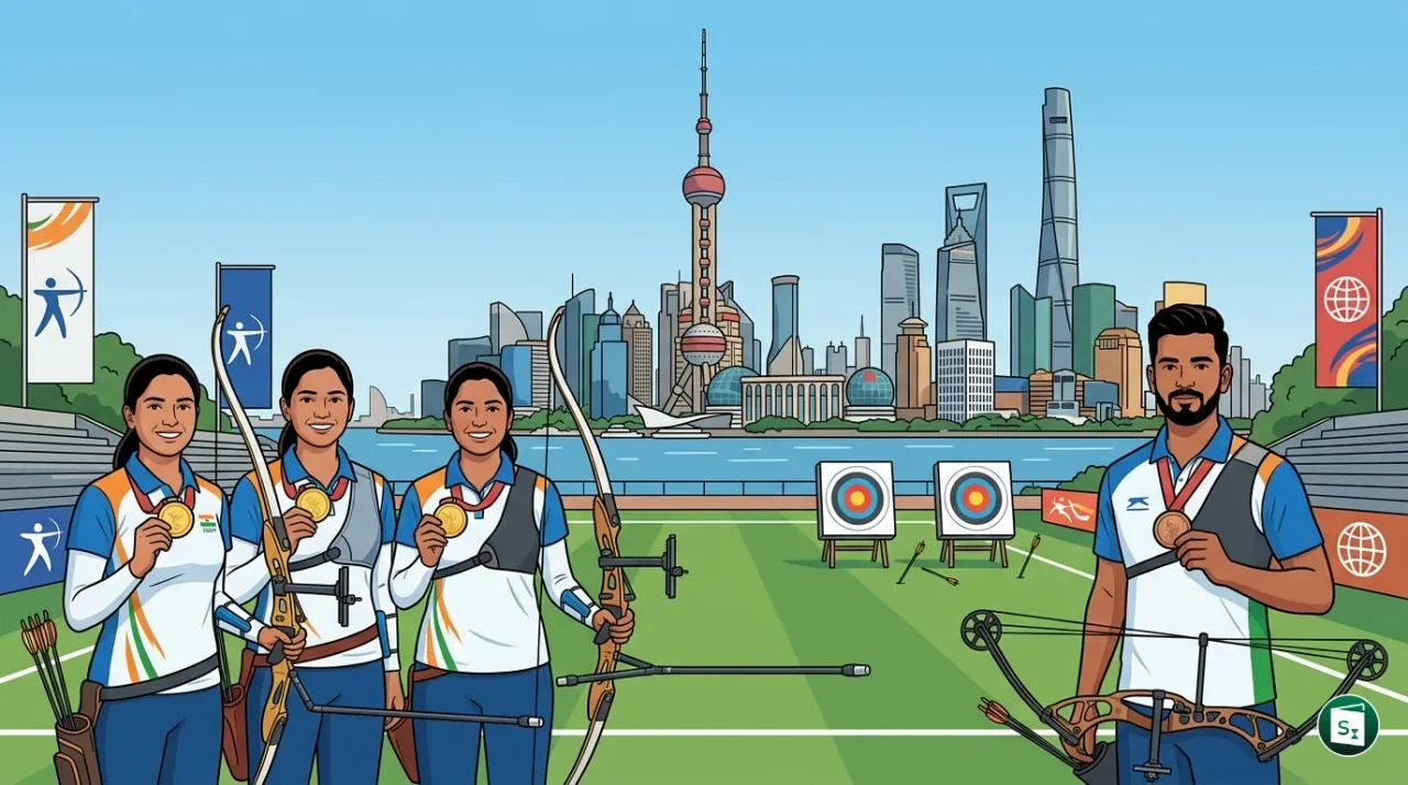 Indian women's recurve team celebrating gold medal victory at the Archery World Cup in Shanghai