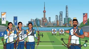 Indian women's recurve team celebrating gold medal victory at the Archery World Cup in Shanghai