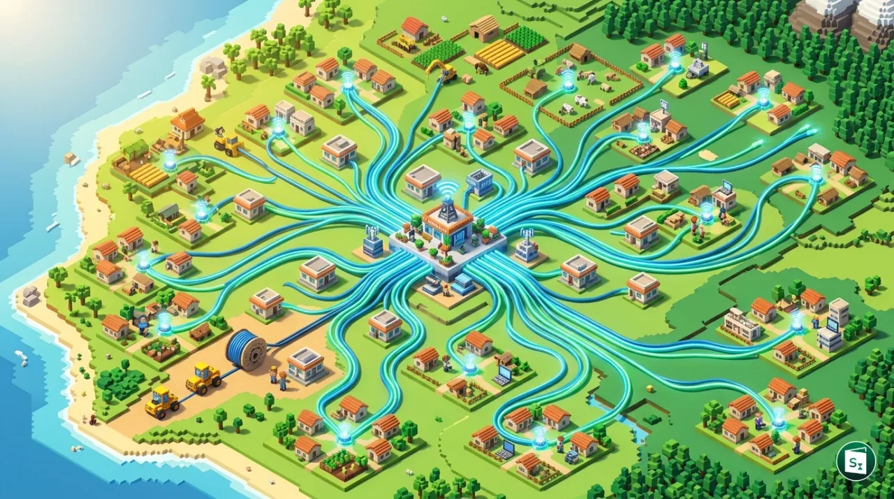 High-speed fiber optic cables and digital infrastructure connecting rural India, representing the BharatNet initiative in Andhra Pradesh