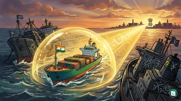 A cargo ship navigating ocean waters, representing Indian maritime trade security