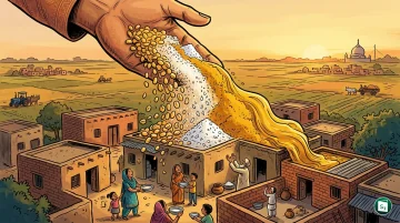 A representation of distributed kitchen food kits containing pulses, sugar, salt, turmeric, and mustard oil