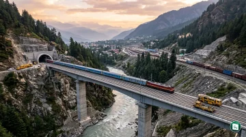 A scenic view of a modern passenger train running on a reinforced track through mountainous terrain