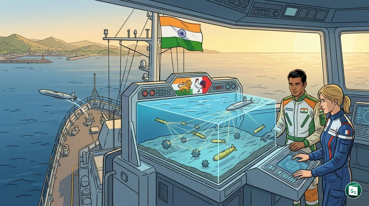 An illustration of unmanned underwater and surface vehicles performing mine countermeasure operations