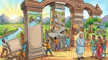 A scenic view of a rural Indian village showing community water infrastructure and development