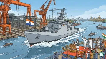 The ceremonial launch of the Indian Navy's Next Generation Offshore Patrol Vessel Sanghmitra at GRSE Kolkata