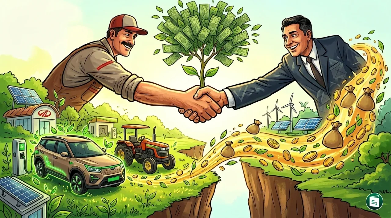 Mahindra and DBS Bank logo on a green background representing sustainable finance