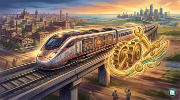 Graphic representation of a semi high-speed train on an elevated track
