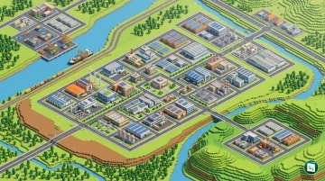 Digital rendering of a modern, world-class industrial park with green spaces and multimodal connectivity