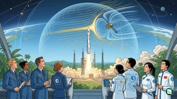 An artist's impression of the SMILE spacecraft in orbit studying the solar wind and Earth's magnetosphere