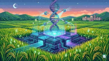 Digital representation of AI-designed DNA editing in a rice plant