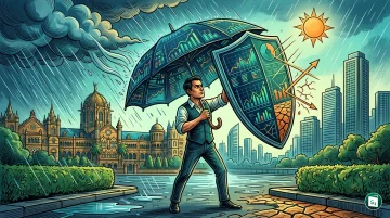 Digital representation of a weather index tracking rainfall data over Mumbai's skyline