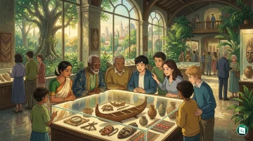 A visually stunning representation of a modern museum gallery with holographic displays and ancient artifacts.