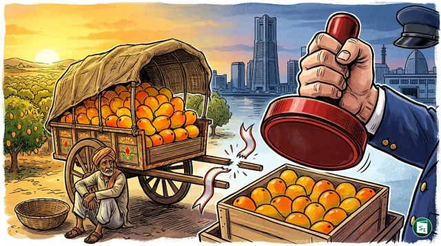 A basket of fresh Indian mangoes representing the export quality