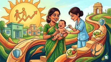 A healthcare worker providing care to a mother and child in a rural Indian clinic