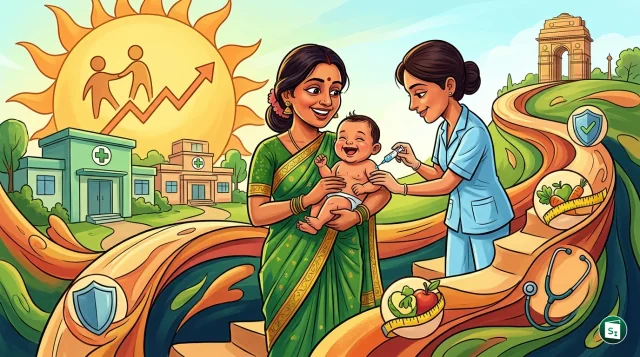 A healthcare worker providing care to a mother and child in a rural Indian clinic