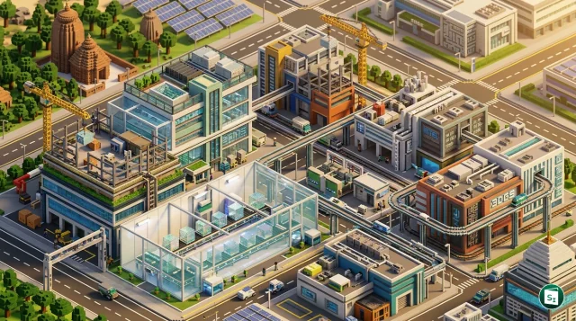 Digital rendering of a semiconductor glass core substrate and a map of Odisha