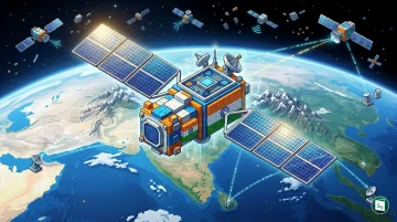 Digital representation of a satellite in orbit with AI processing nodes