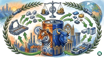 Digital representation of EV battery recycling process with India and EU flags
