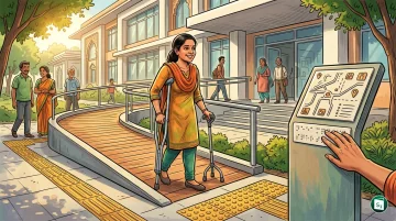 Digital illustration showing various assistive devices like crutches, walking sticks, and Braille signs with the Bureau of Indian Standards logo.