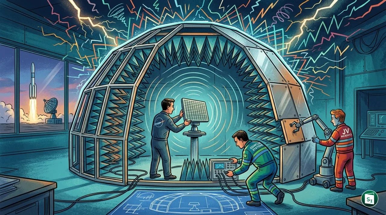A specialized anechoic chamber used for testing electronic warfare systems and radar antennas.