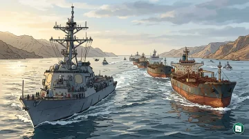 US Navy ships escorting commercial vessels through a narrow strait
