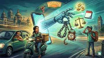 A digital illustration representing gig workers and a grievance redressal portal