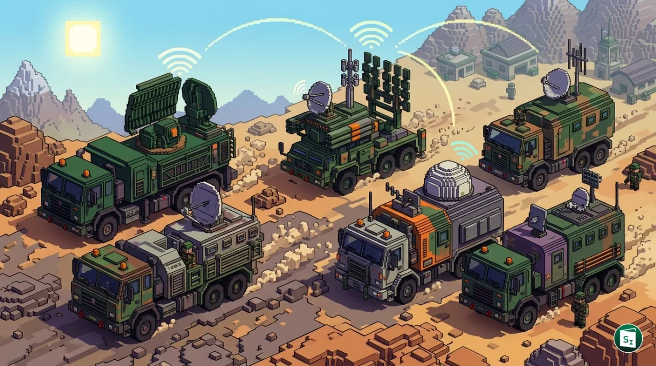 A representation of a ground-based mobile electronic warfare system