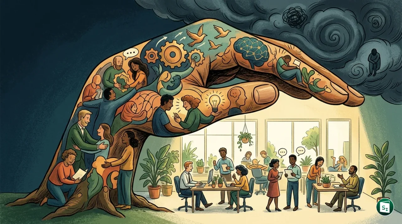 Digital illustration representing mental health and safety in a modern office environment