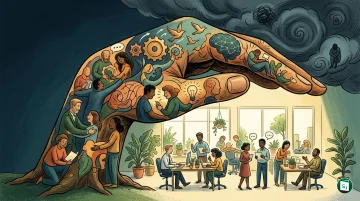 Digital illustration representing mental health and safety in a modern office environment