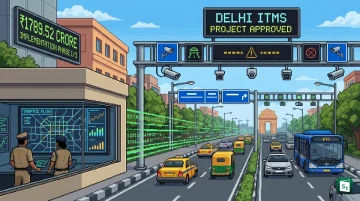 Delhi traffic junction with adaptive signals and enforcement cameras under ITMS project