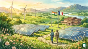 NTPC and EDF logos with solar panels, hydro dam and wind turbines representing low carbon joint venture