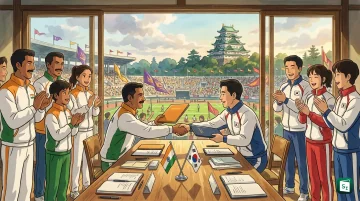 IOA President P T Usha and KSOC President Ryu Seung-min shaking hands after signing sports cooperation MoU