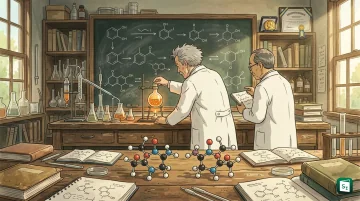 Portraits of 2026 Chemistry Nobel laureates Henri Kagan and Kenso Soai with illustration of mirror image molecules