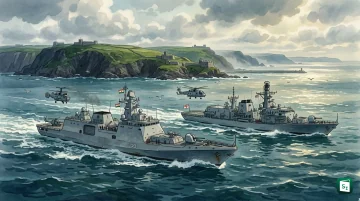 INS Trishul and HMS Richmond sailing together during Exercise KONKAN 2026 off Plymouth