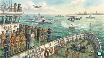 Indian Coast Guard ships and aircraft conducting SAREX 2026 mass rescue drill off Paradip coast