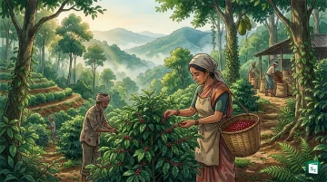 Coffee farmers harvesting ripe coffee cherries with cups of brewed coffee in foreground
