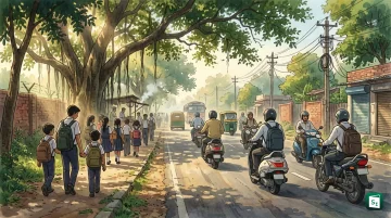 Students walking to school and workers commuting on two wheelers in India