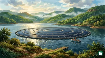 Floating solar panels installed on a reservoir water surface under bright sunlight